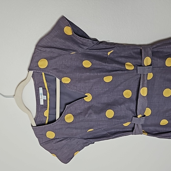 Boden Womens Dress Sz 6 Gray Yellow Polka Dot Belted Sheath Cotton Linen Preppy - Picture 3 of 11